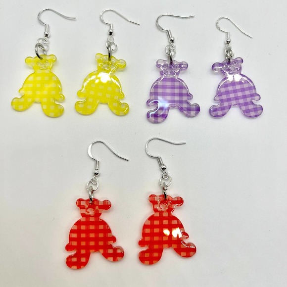 Teddy Bear Earrings - Baby Shower Earrings - Gender Reveal Earrings - Plaid Bear - Picture 1 of 10